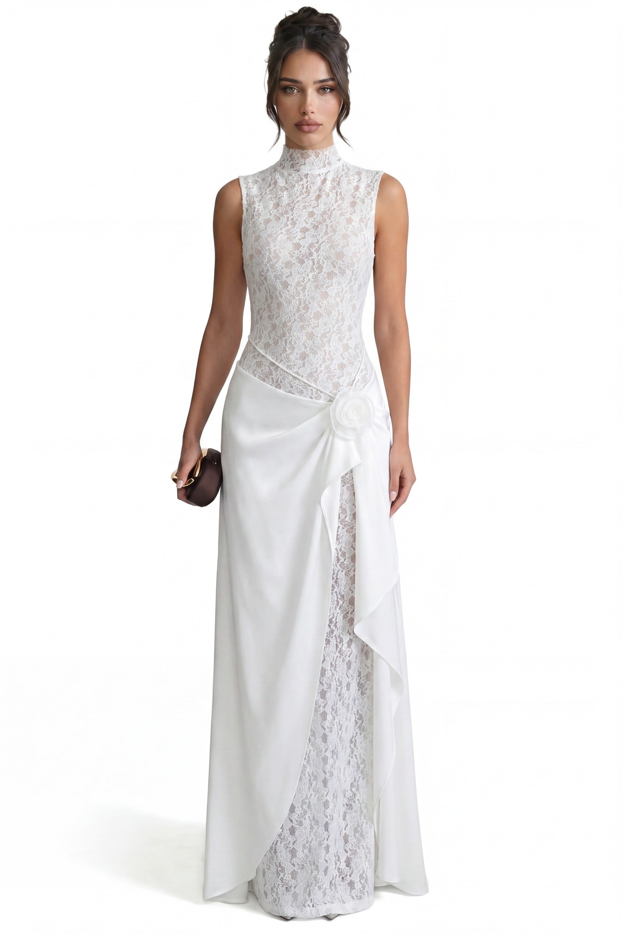 Vivienne Lace High-Neck Gown With Satin Skirt And Rose Detail - White