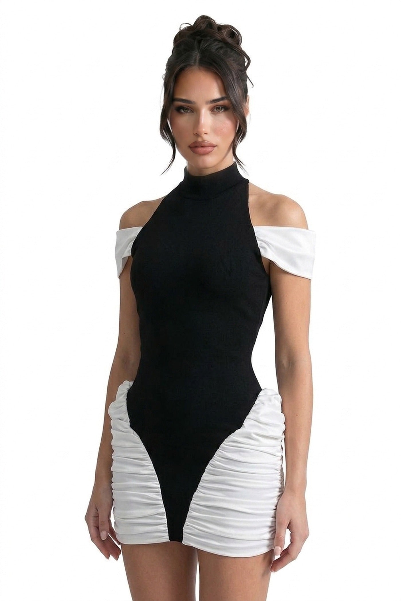 Blanche Contrast Mini Dress With High Neck And Ruched White Side Panels - Black