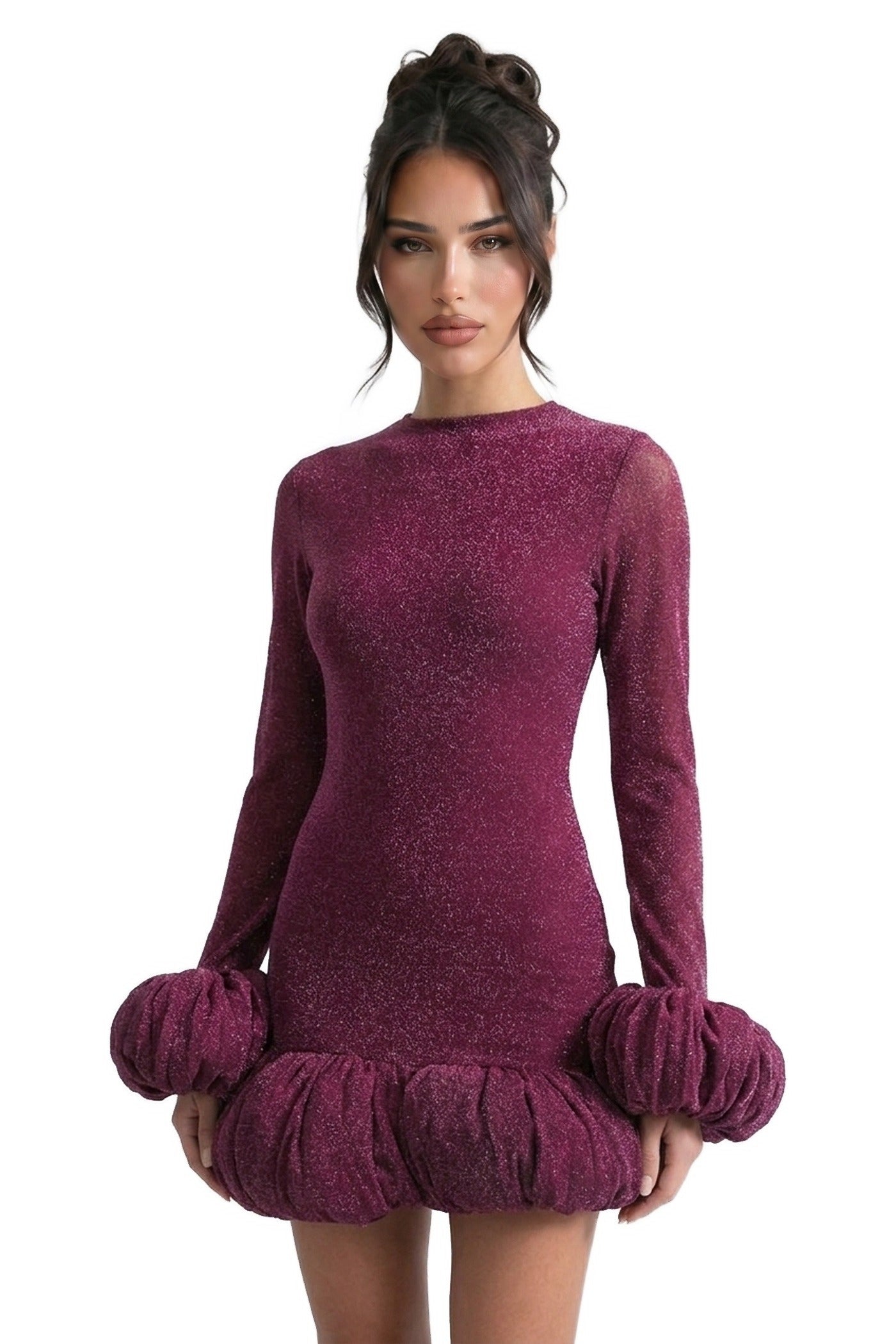 Bordeaux Glitter Knit Mini Dress With Puff Cuffs And Voluminous Bubble Hem - Wine