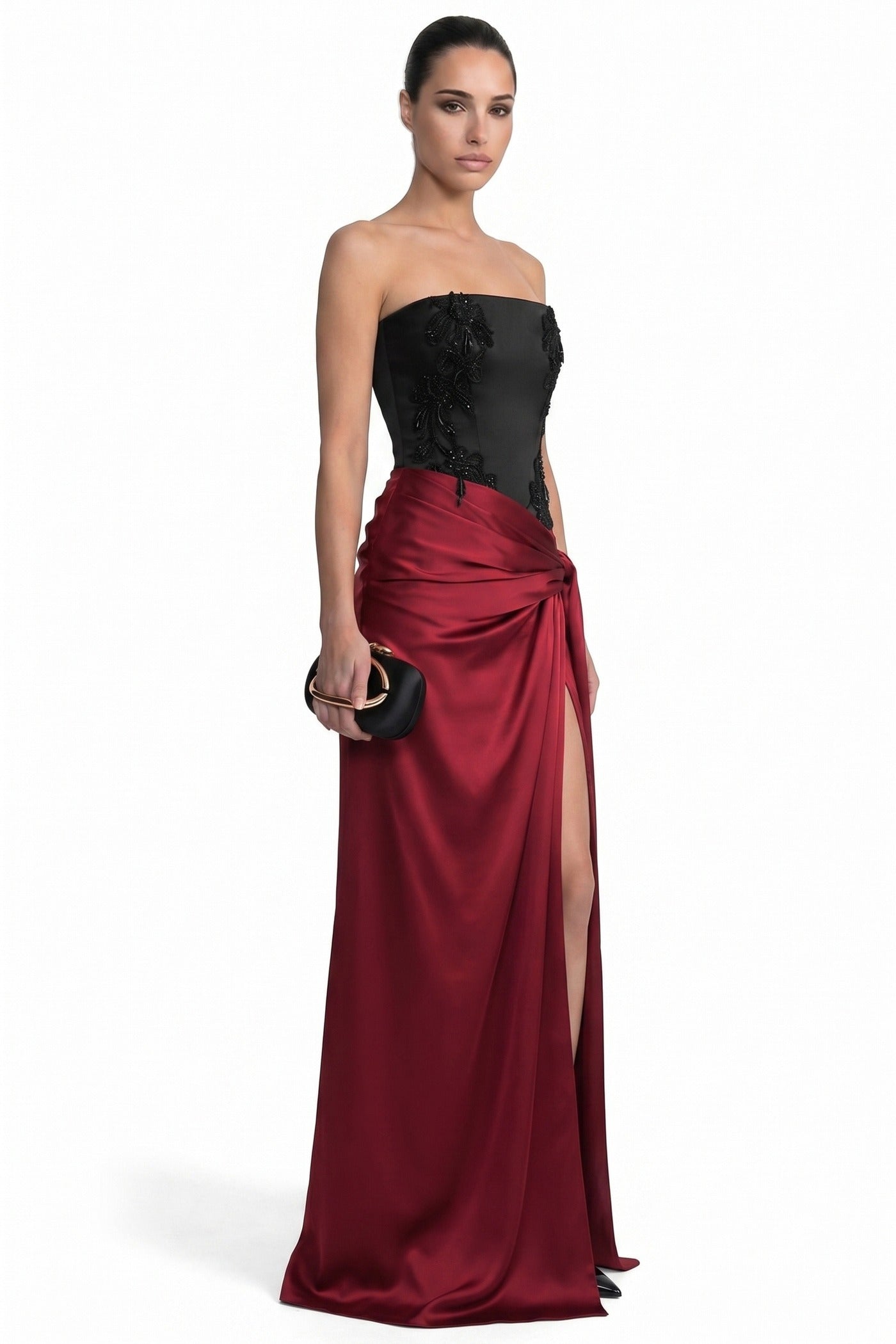 Léonie Strapless Colorblock Gown With Satin Skirt And Bow Tie - Black/Red
