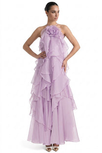 Nicolette Halter Neck Ruffled Organza Gown With 3D Rose Accent - Purple