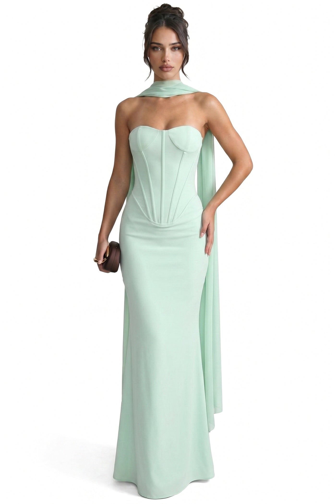 Matheline Strapless Corset Maxi Dress With Draped Scarf Neckline - Light Green