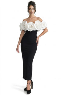 Dorothée Fitted Maxi Gown With Oversized 3D Floral Shoulders - Black