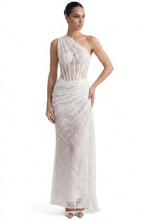 Séraphine One-Shoulder Lace Gown With Sheer Corset Bodice - White