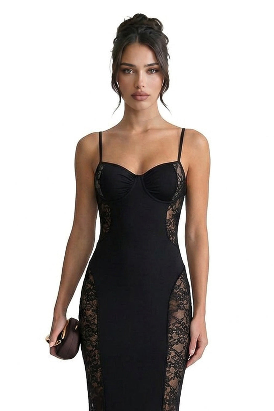 Mélodie Elegant Beaded Maxi Gown With Side Sheer Detailing - Black