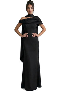 Ambrine Satin Column Gown With Draped Shoulder Wrap And High Neck - Black