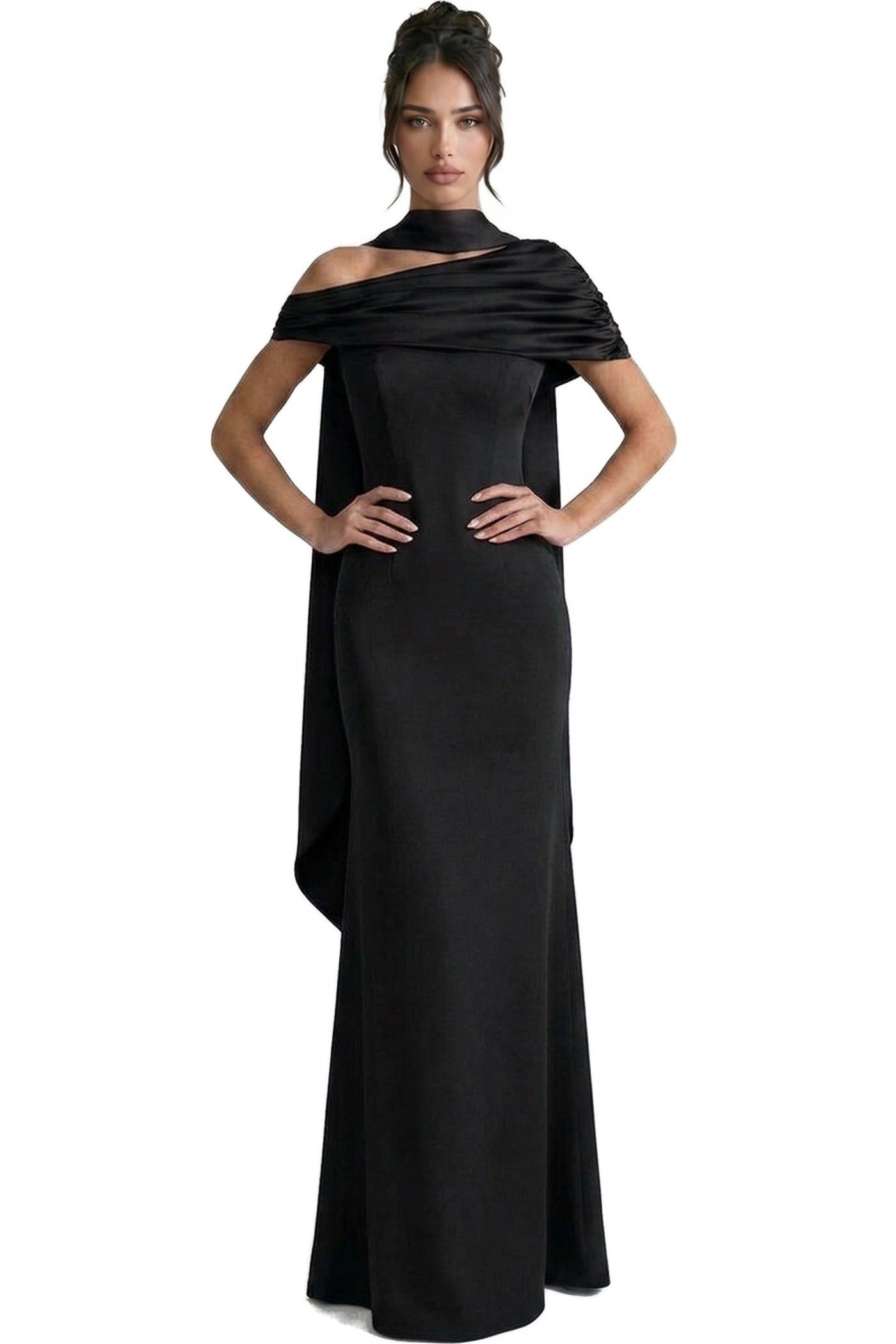 Ambrine Satin Column Gown With Draped Shoulder Wrap And High Neck - Black