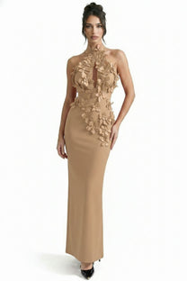 Priscille Halter Maxi Dress With 3D Floral Appliqué - Beige