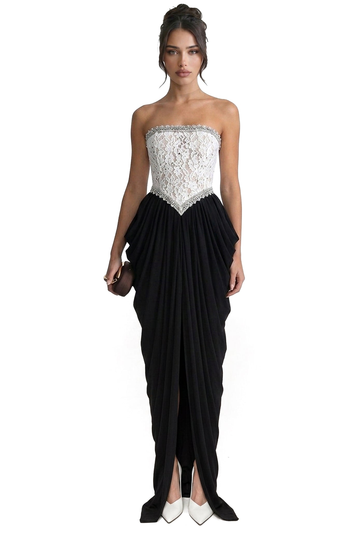 Sidonie Strapless Gown With Crystal Lace Corset And Pleated Draped Skirt - White