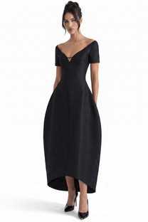 Angélique Off-Shoulder Midi Dress With V-Neck And Asymmetric Hem - Black