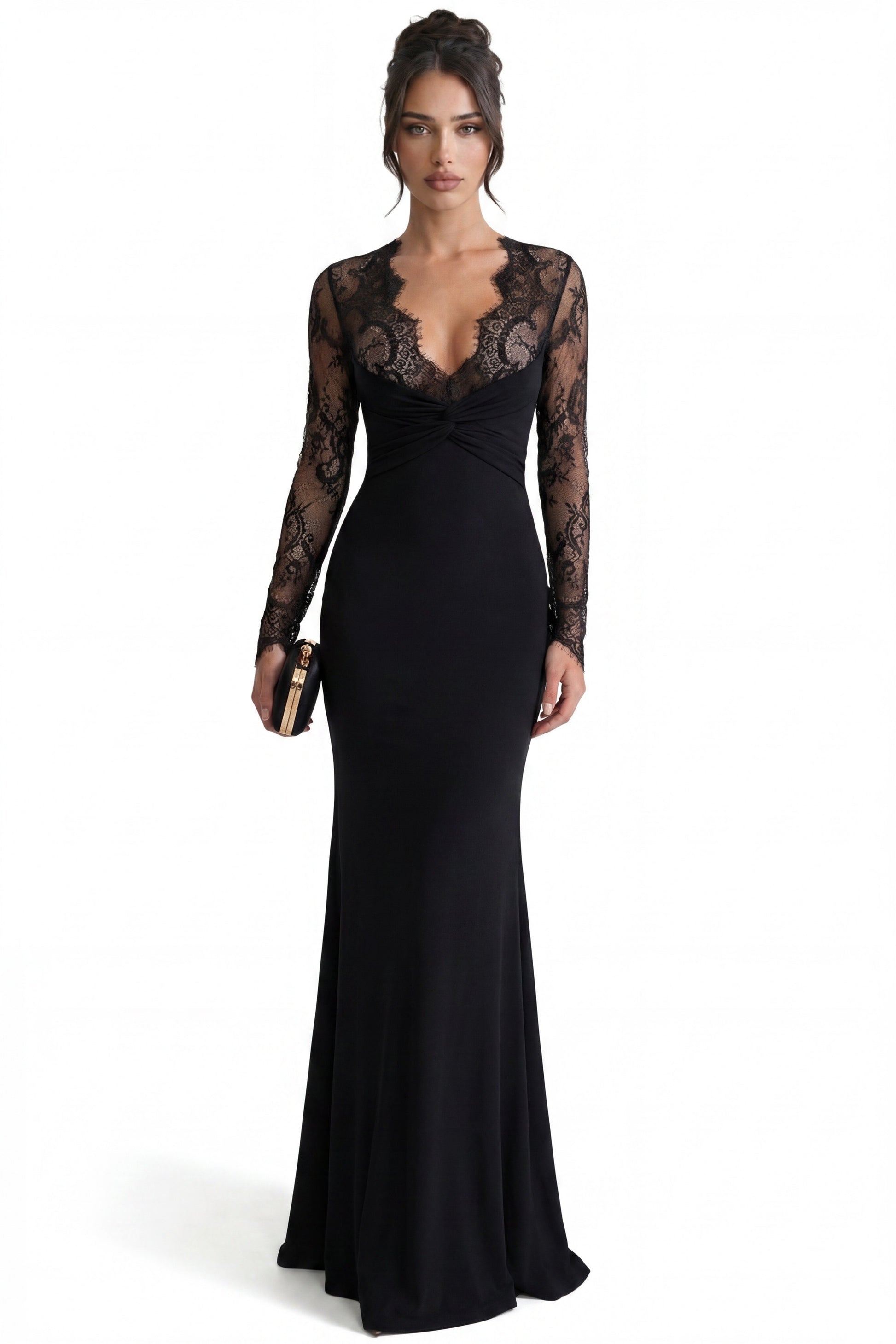Armelle Maxikleid mit langen Ärmeln und Spitzenoberteil – Schwarz