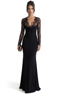 Armelle Maxikleid mit langen Ärmeln und Spitzenoberteil – Schwarz