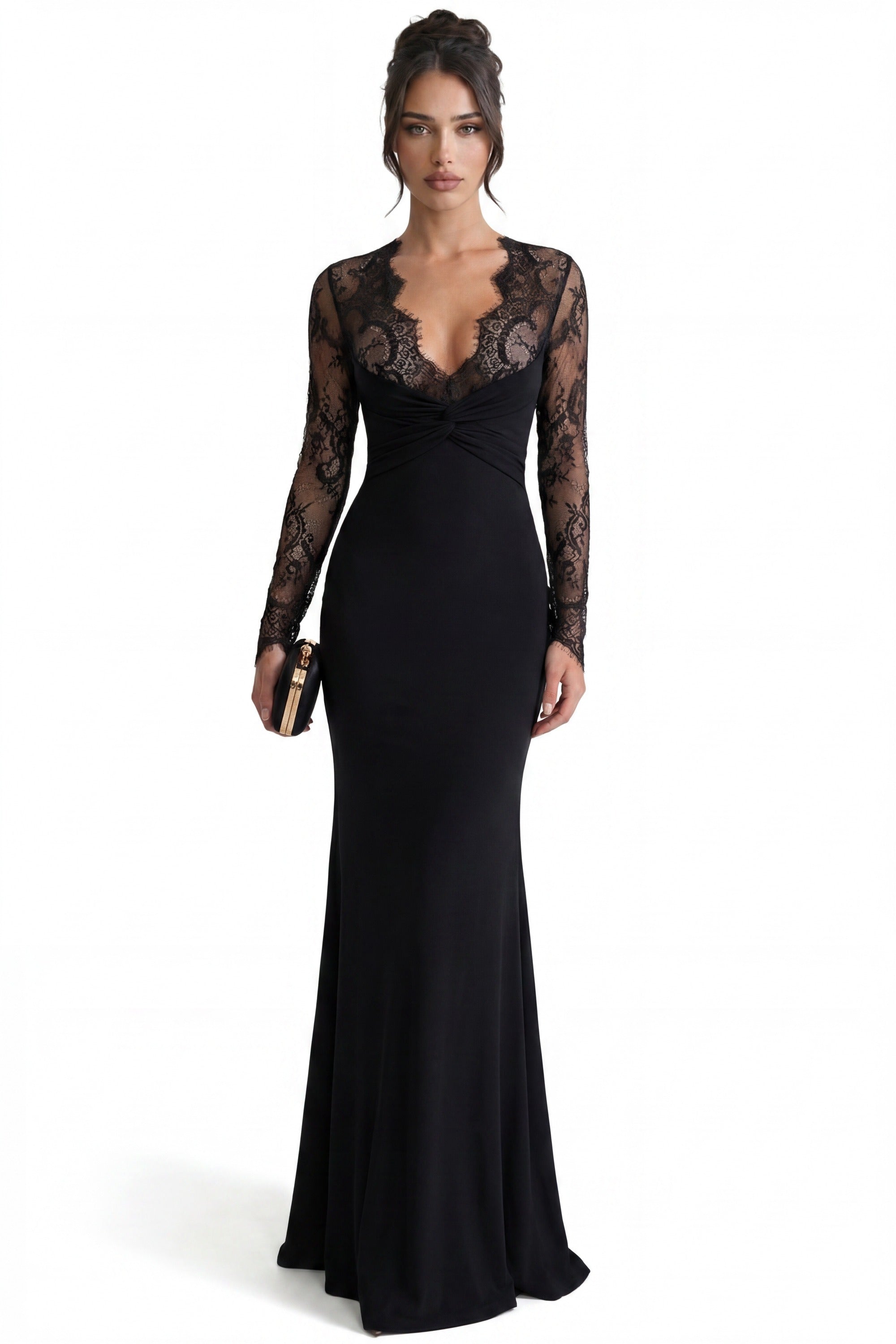 Armelle Maxikleid mit langen Ärmeln und Spitzenoberteil – Schwarz