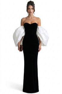 Ségolène Velvet Mermaid Gown With Contrast  Puff Sleeves - Black
