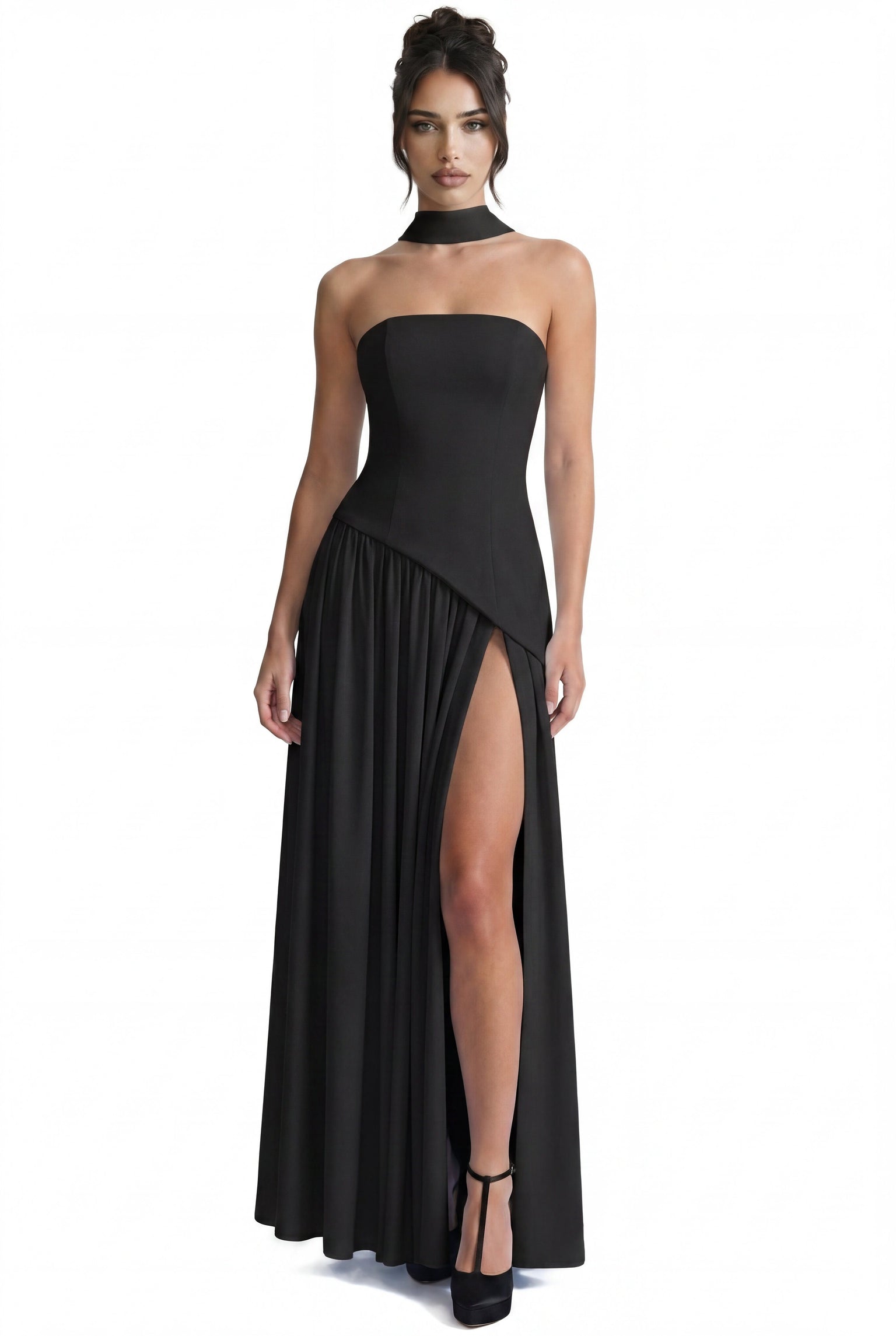 Yolène Strapless Ruched Maxi Dress With Draped Side Slit - Black