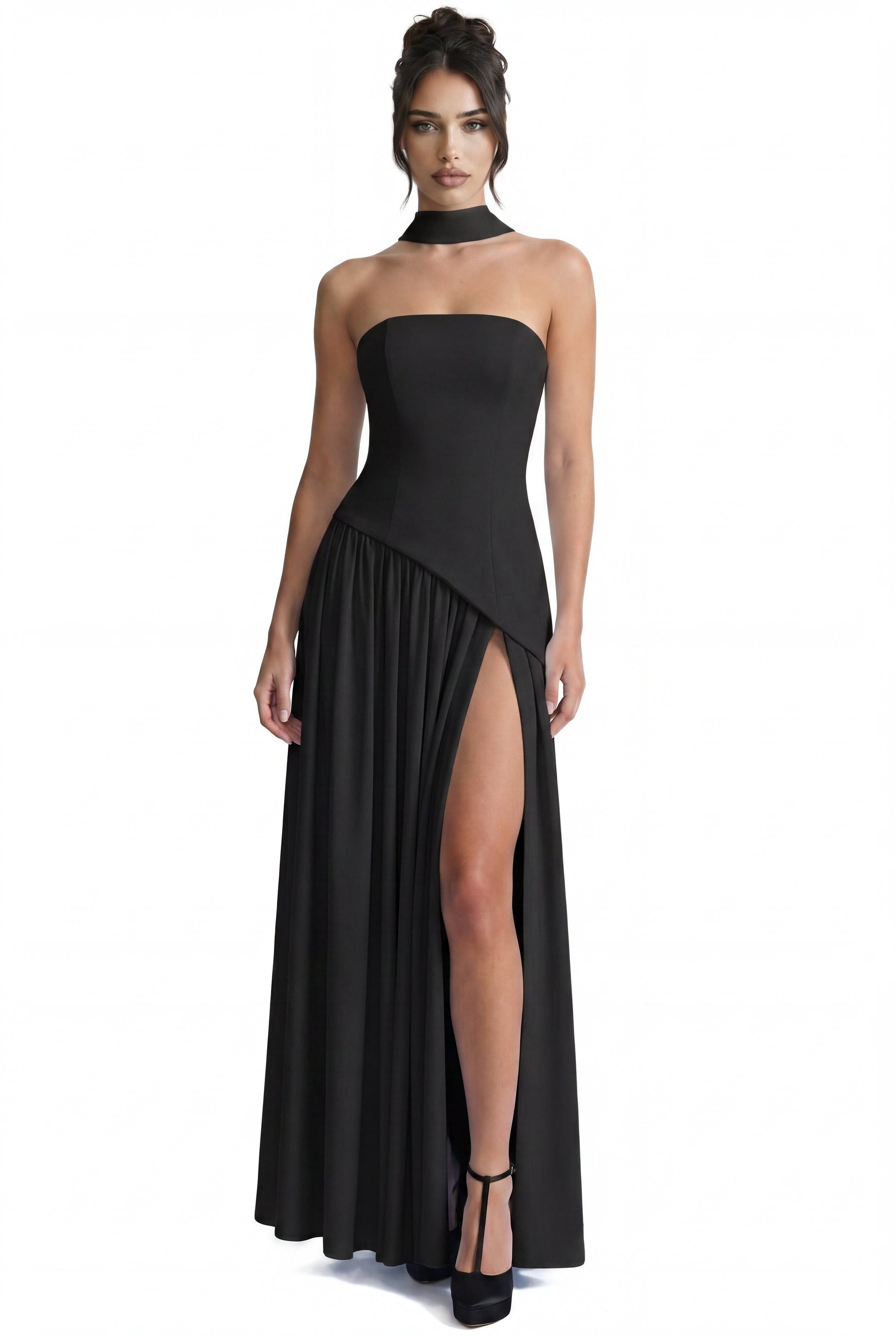 Yolène Strapless Ruched Maxi Dress With Draped Side Slit - Black