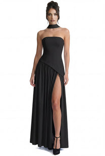 Yolène Strapless Ruched Maxi Dress With Draped Side Slit - Black