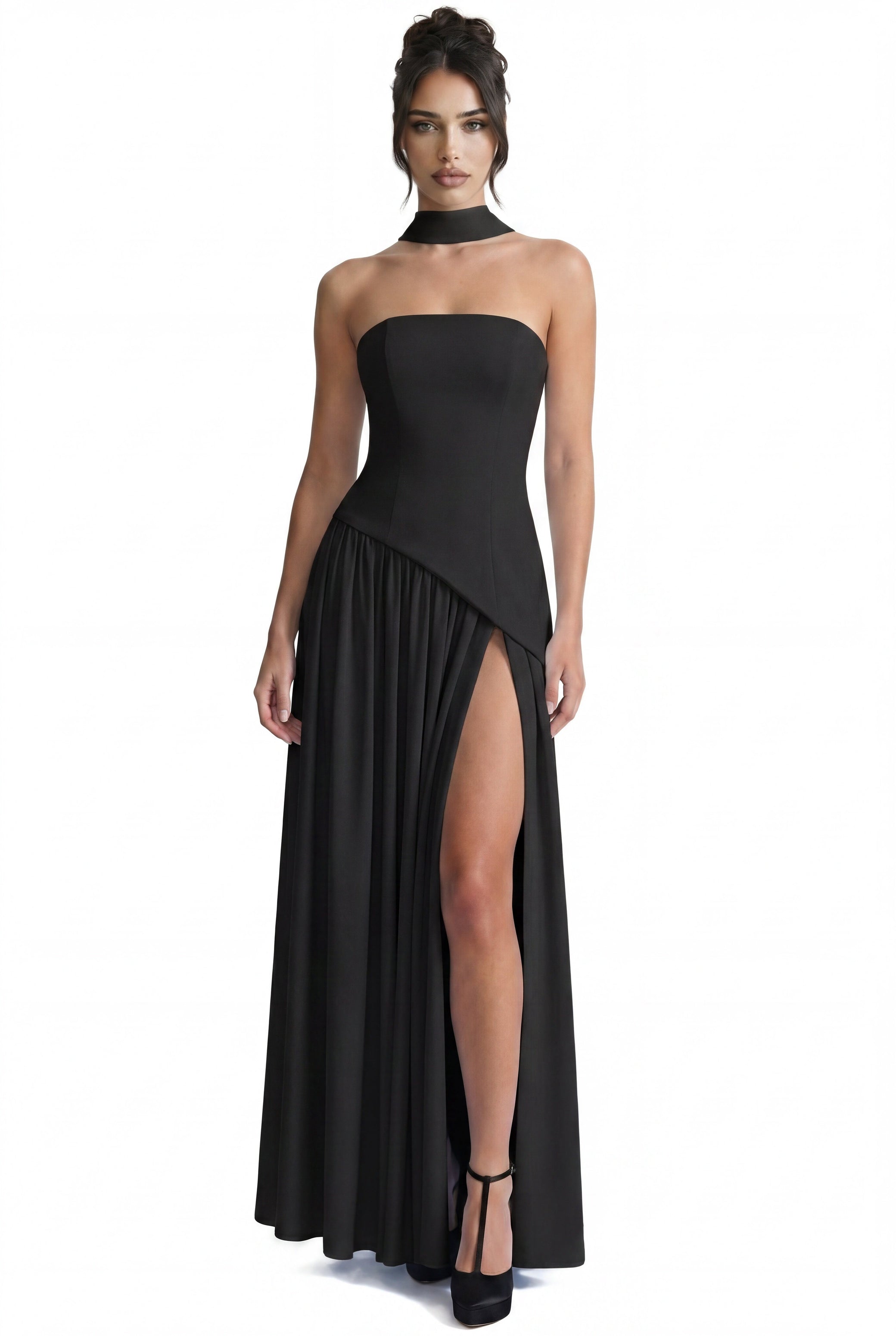 Yolène Strapless Ruched Maxi Dress With Draped Side Slit - Black