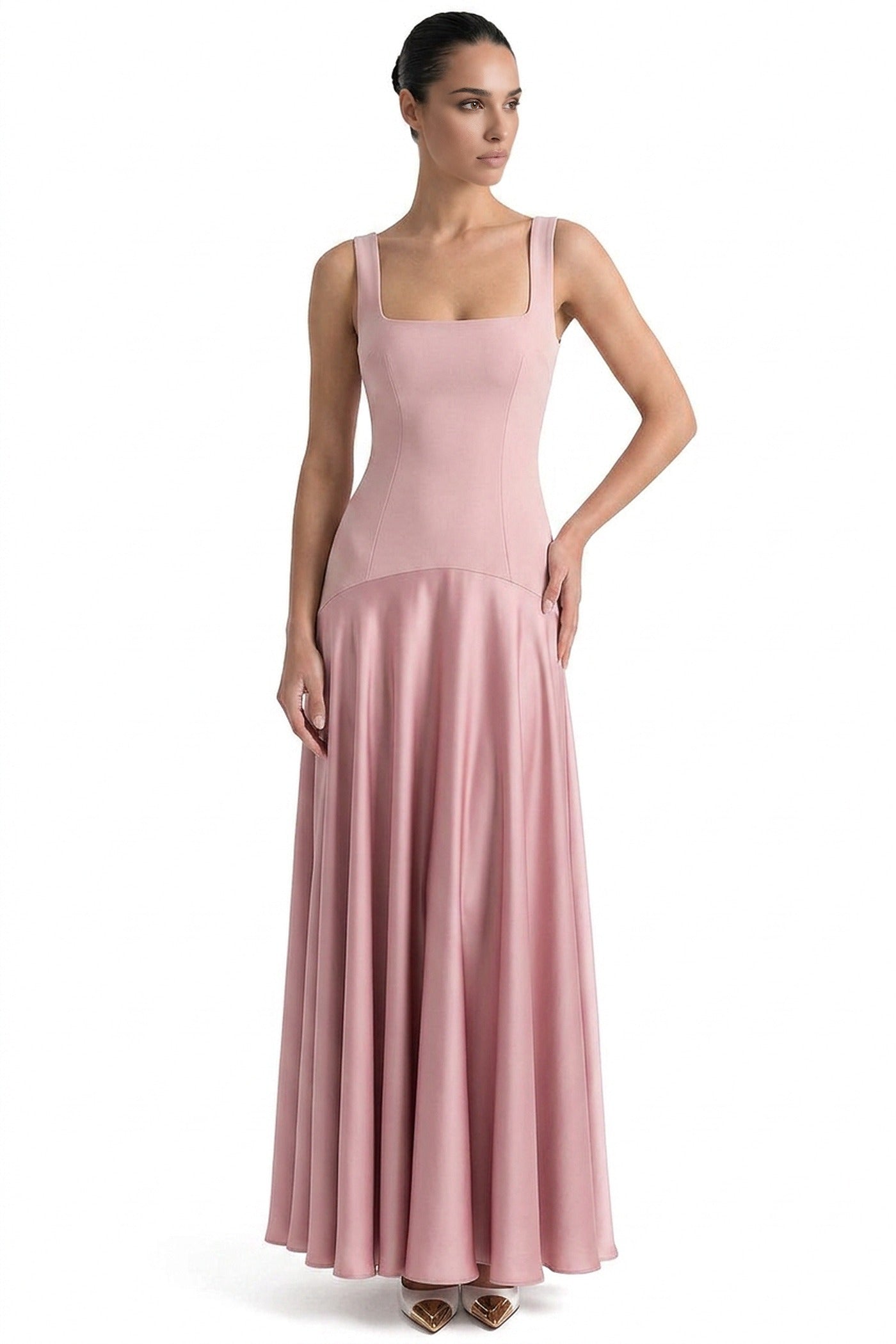 Aliénor Square-Neck Maxi Dress With Contrast Satin Flare Skirt - Pink
