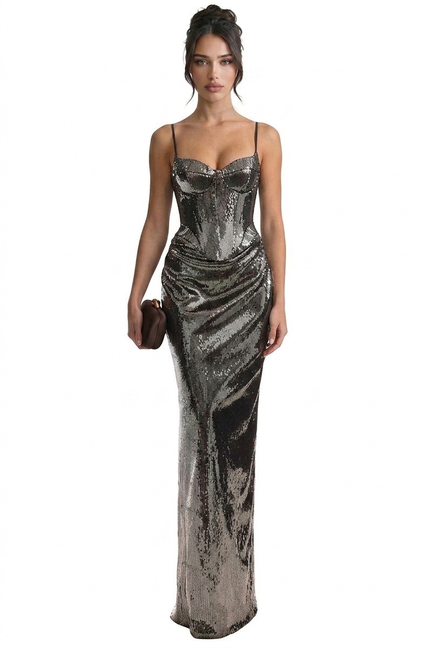 Stéphanie Sequin Mermaid Gown With Sweetheart Corset Bodice And Draped Hip - Silver