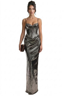 Stéphanie Sequin Mermaid Gown With Sweetheart Corset Bodice And Draped Hip - Silver