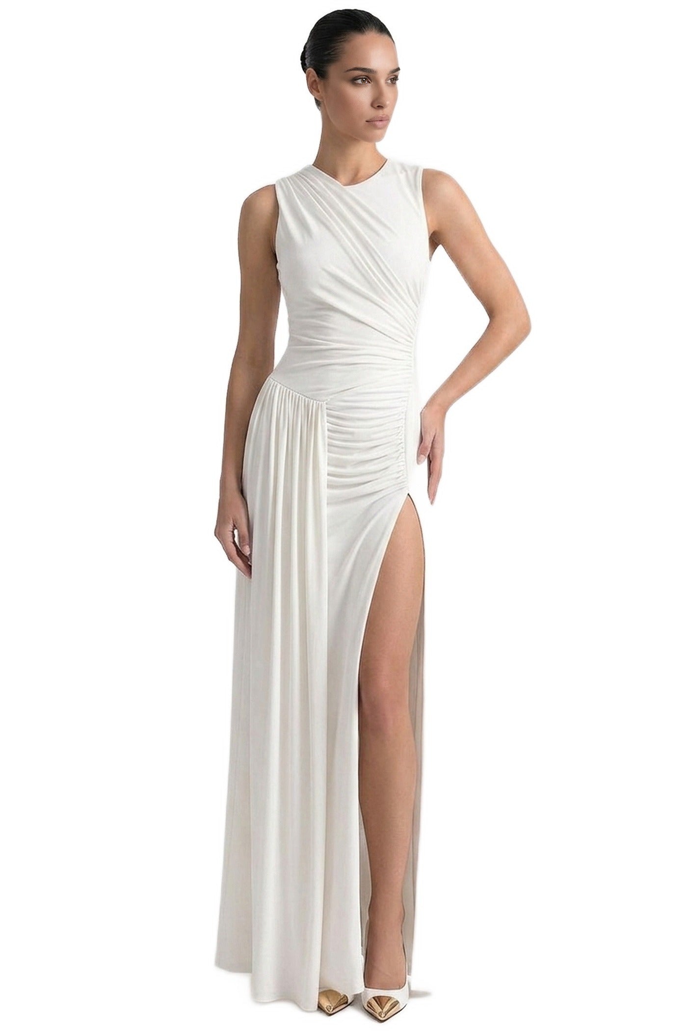 Laureline Sleeveless Ruched Gown With Diagonal Drape And High Side Slit - White