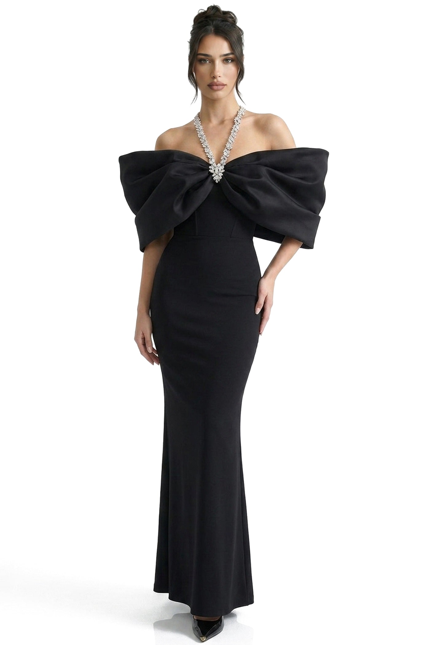 Viviane Off-Shoulder Draped Maxi Dress With Crystal Straps - Black