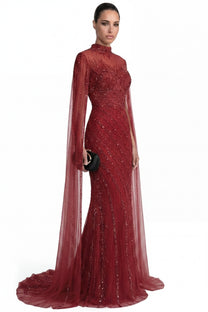 Lumière Embellished Long Sleeve Maxi Dress With Sheer Veil Sleeves - Red