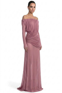 Eléonore Off-Shoulder Mesh Gown With Draped Long Sleeves - Pink
