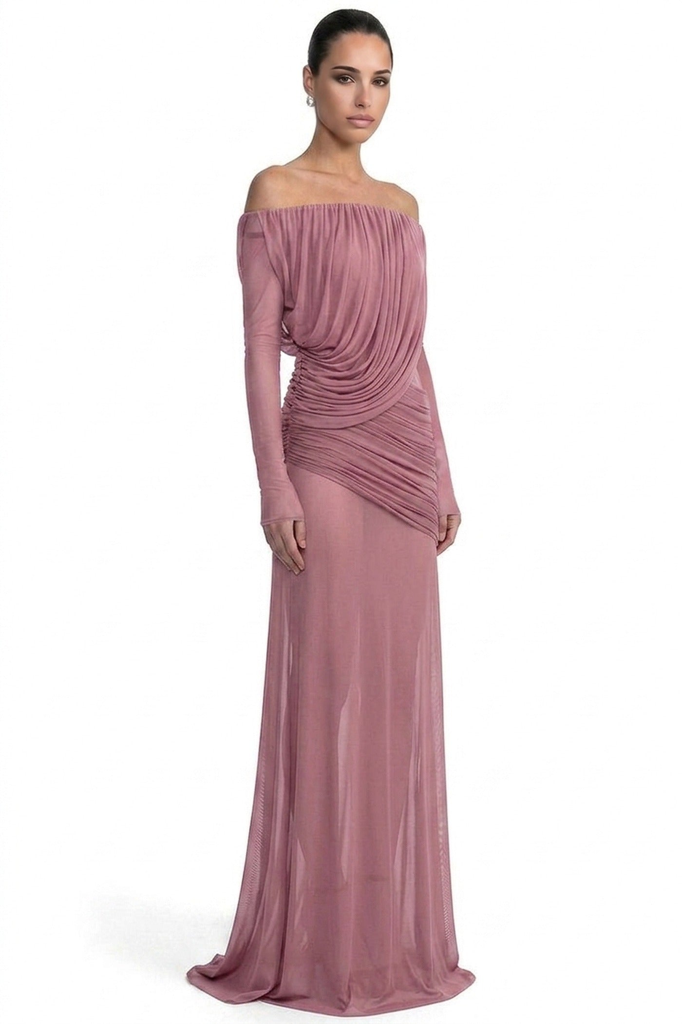 Eléonore Off-Shoulder Mesh Gown With Draped Long Sleeves - Pink