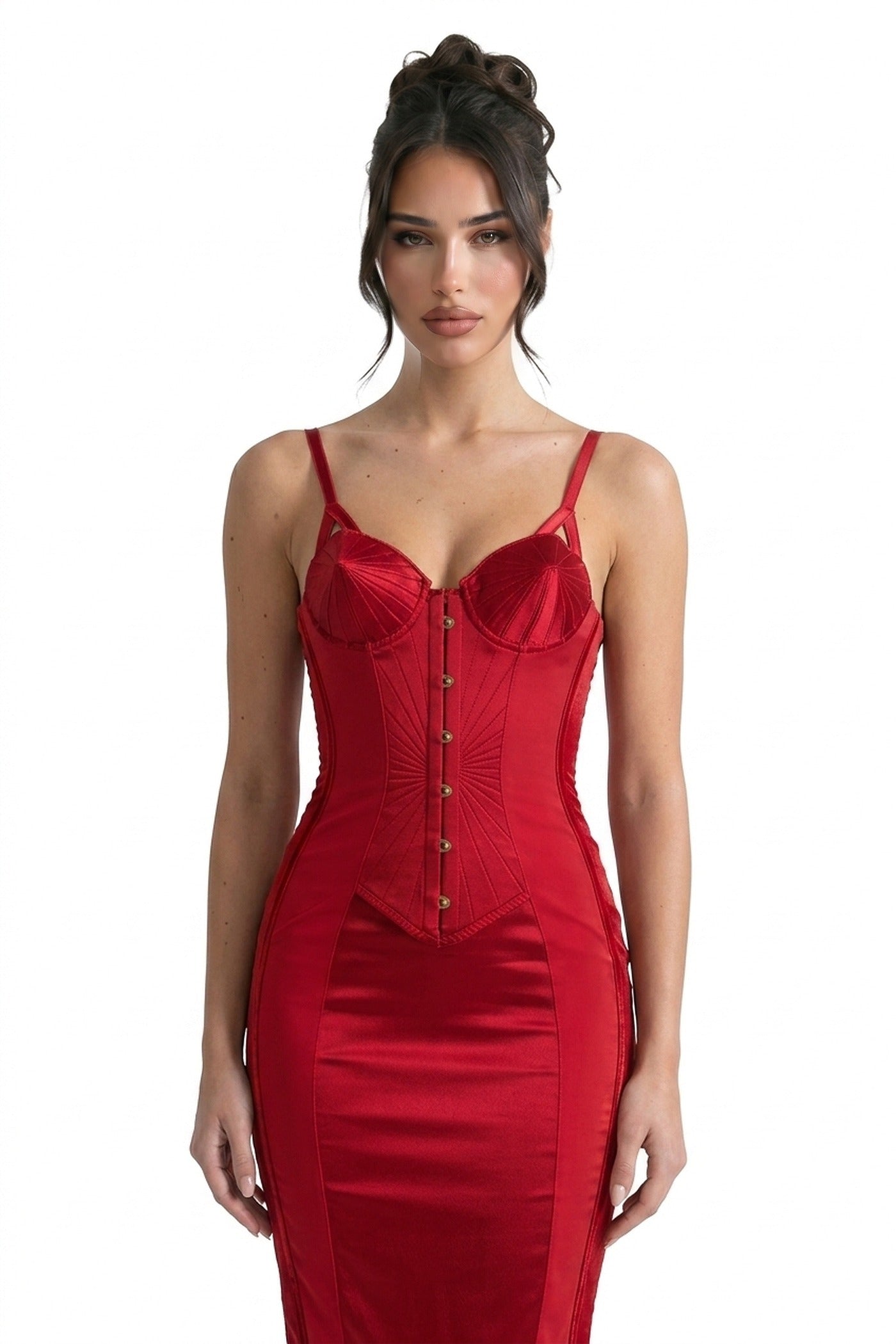 Yolande Satin Midi Dress With Velvet Corset Bodice And Button Front - Red