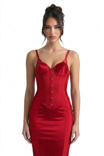 Yolande Satin Midi Dress With Velvet Corset Bodice And Button Front - Red