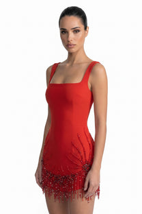 Ozanne Square-Neck Mini Dress With Crystal Fringe Hem - Red