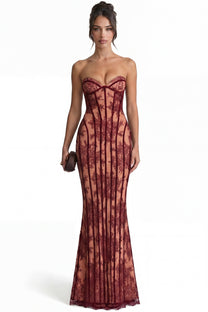 Célindre Strapless Lace Maxi Dress With Sweetheart Corset - Burgundy