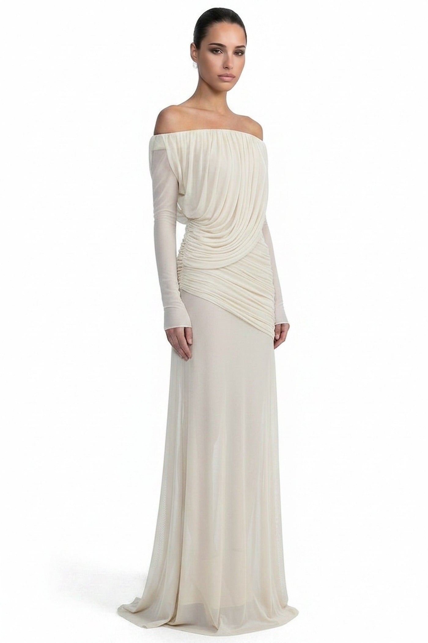Eléonore Off-Shoulder Mesh Gown With Draped Long Sleeves - White