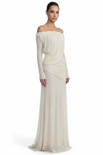 Eléonore Off-Shoulder Mesh Gown With Draped Long Sleeves - White