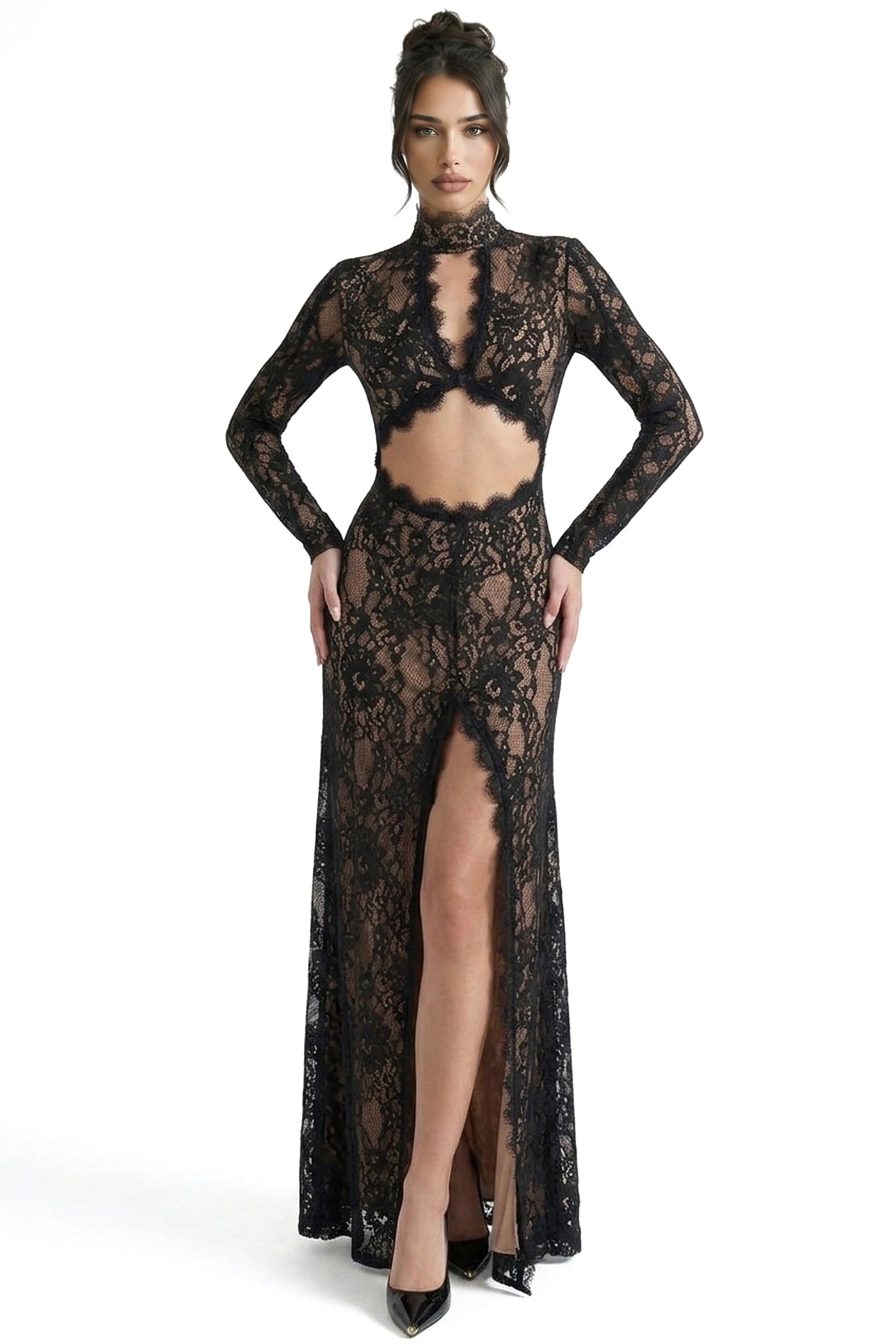 Scarlett Sheer Lace Gown With High Neck And Cutout Bodice And Front Slit - Black