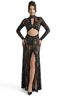 Scarlett Sheer Lace Gown With High Neck And Cutout Bodice And Front Slit - Black