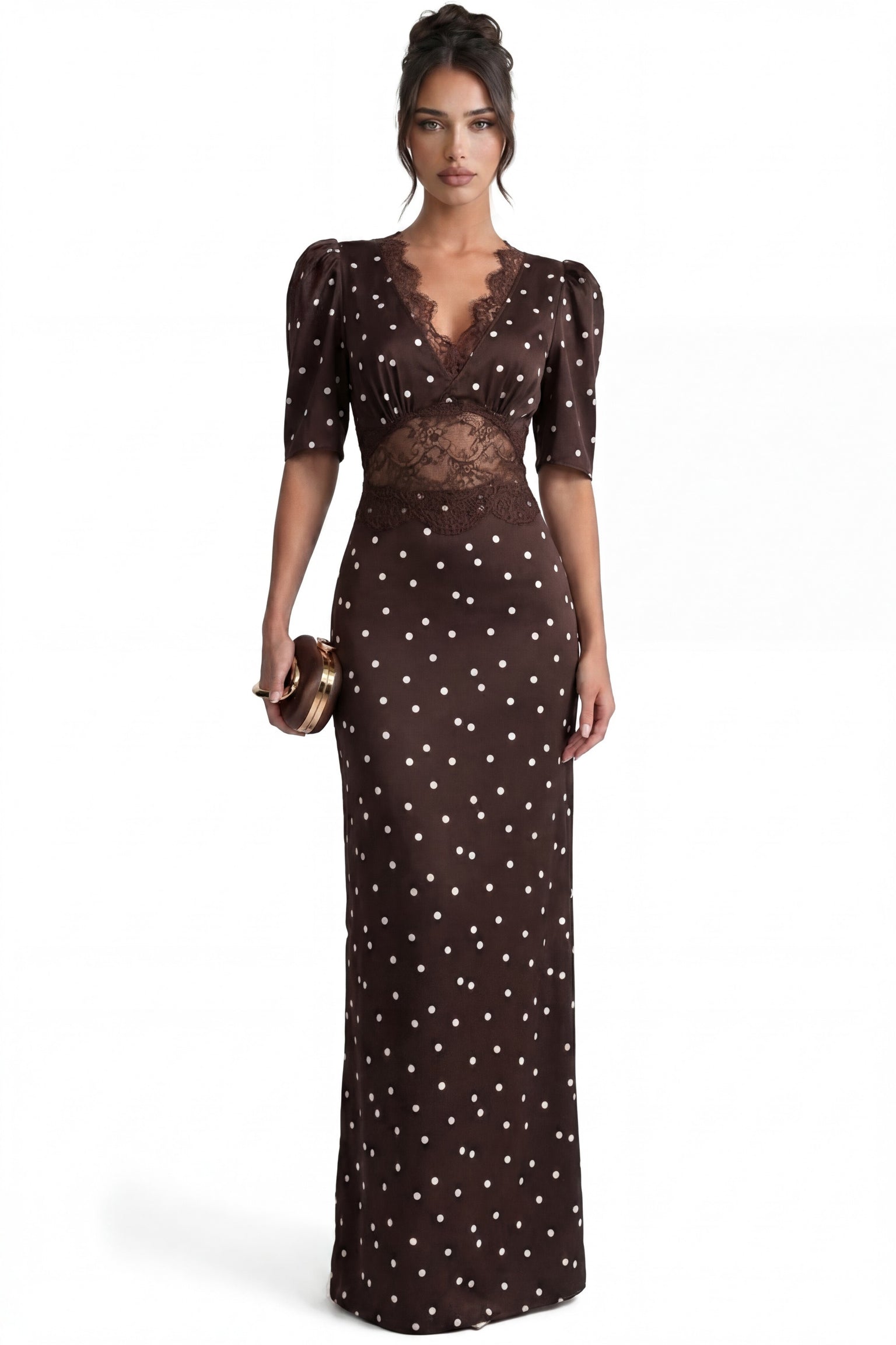 Céleste Polka Dot Maxi Dress With Puff Sleeves - Brown