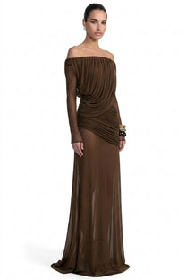 Eléonore Off-Shoulder Mesh Gown With Draped Long Sleeves - Coffee