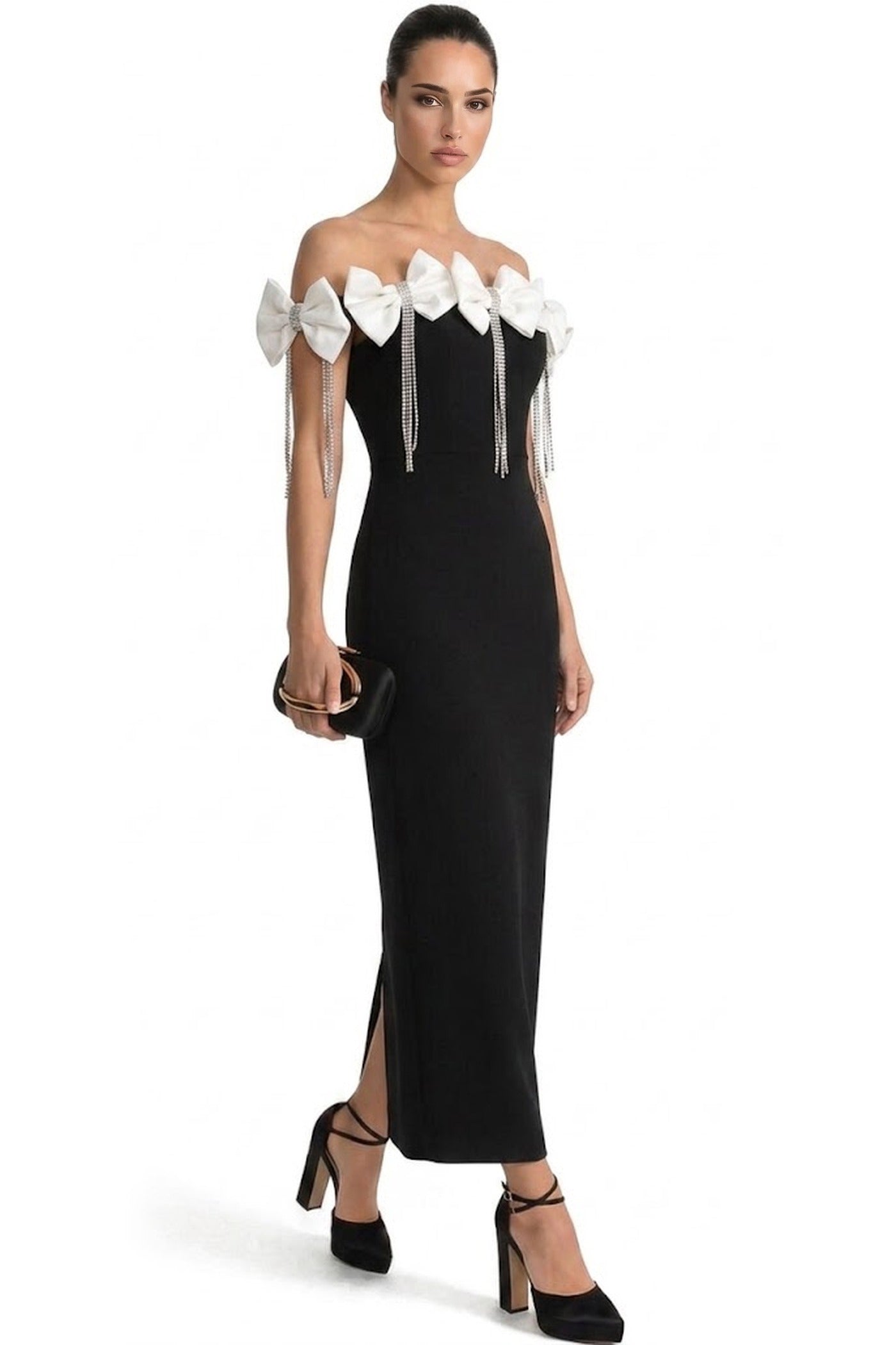 Célimène Off-Shoulder Dress With Bow Embellishments And Crystal Fringe - Black