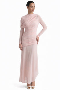 Roseline Long-Sleeve Mesh Gown With Diagonal Ruching And Asymmetric Hem - Pink