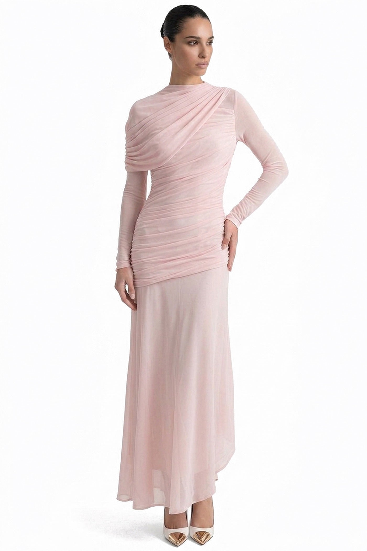 Roseline Long-Sleeve Mesh Gown With Diagonal Ruching And Asymmetric Hem - Pink