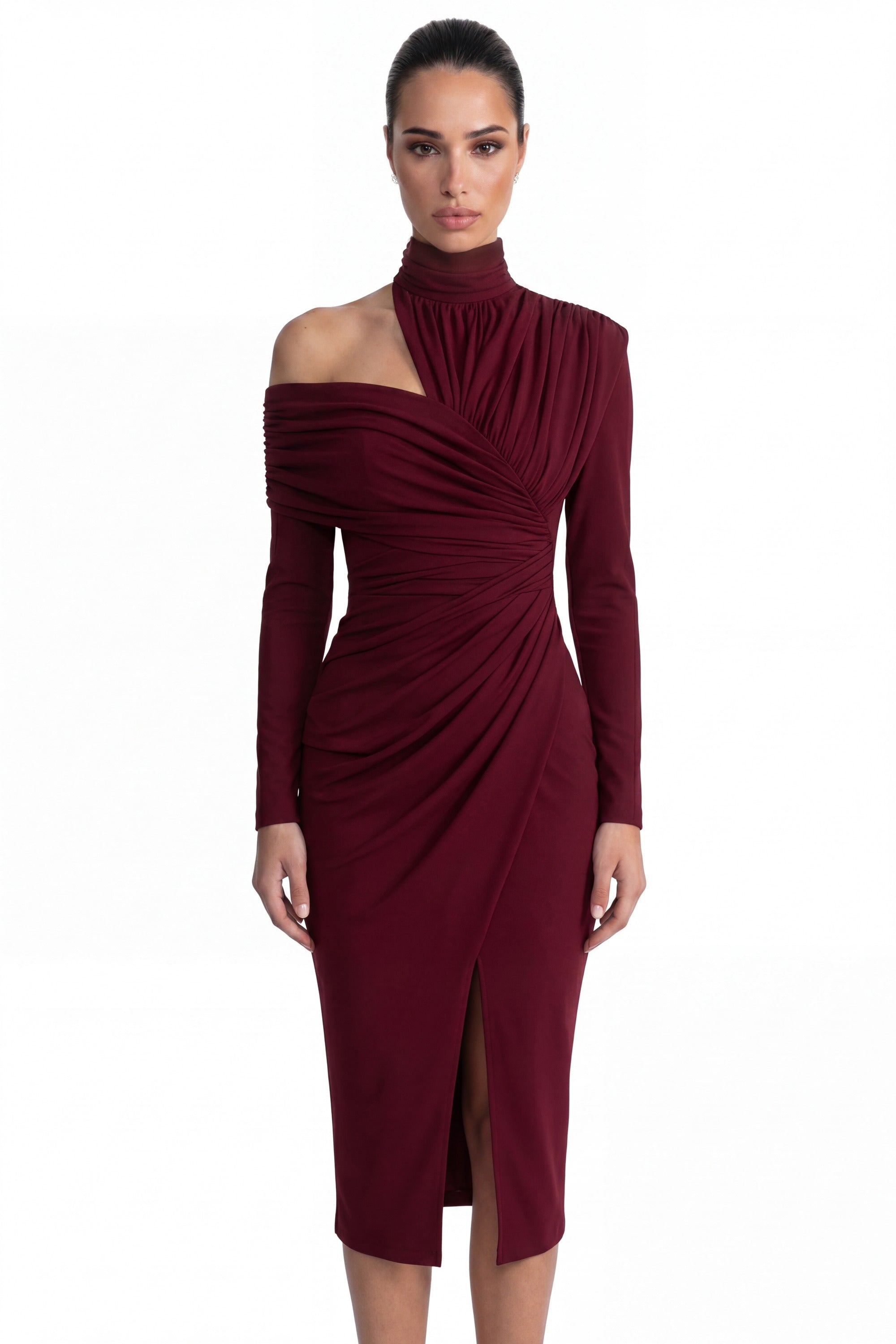 Charline Draped Cold-Shoulder Midi Dress With Front Slit - Burgundy