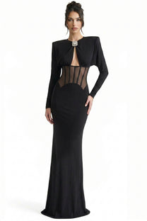 Gaëlle Long-Sleeve Gown With Sheer Boned Corset And Crystal Brooch - Black