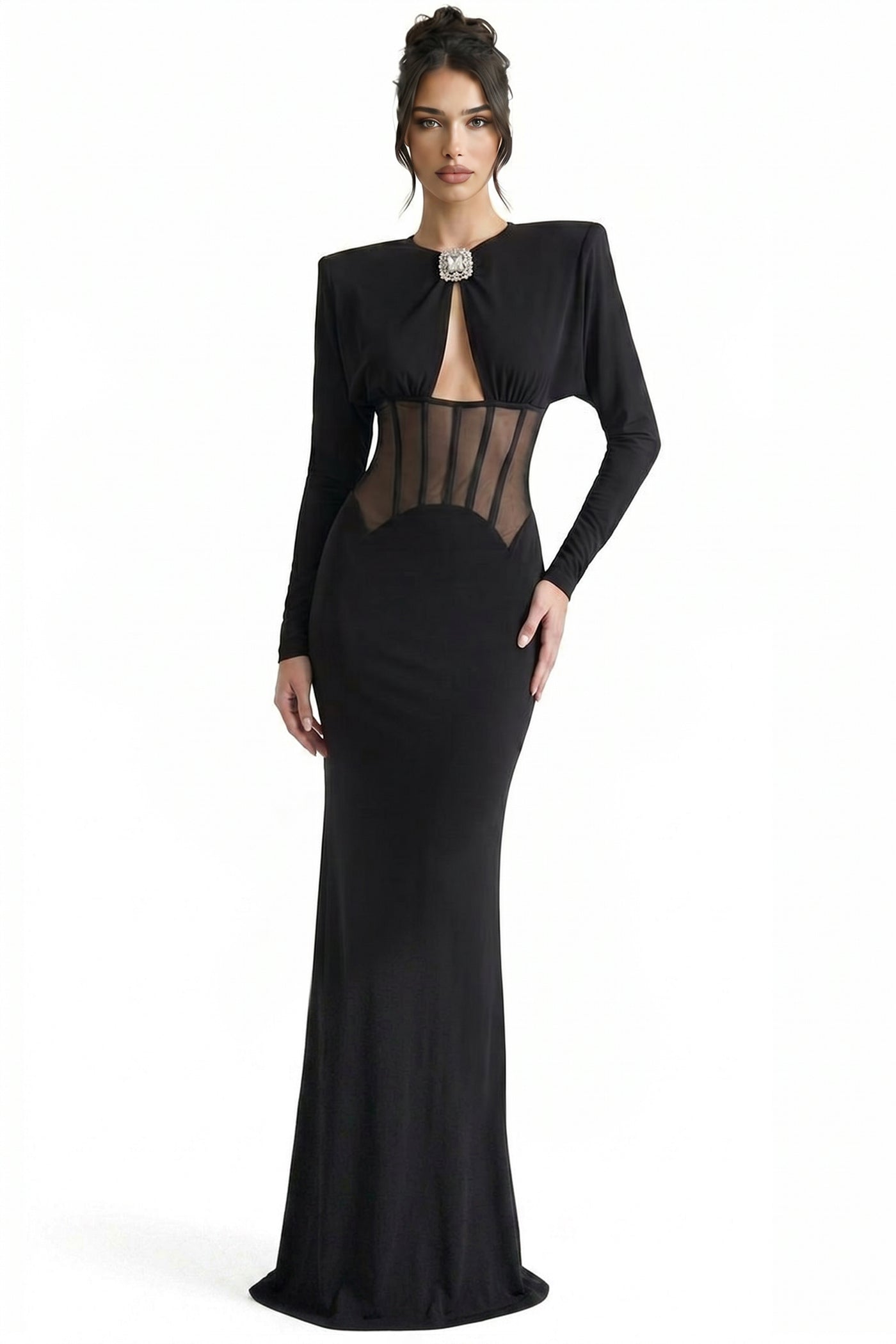 Gaëlle Long-Sleeve Gown With Sheer Boned Corset And Crystal Brooch - Black