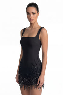 Ozanne Square-Neck Mini Dress With Crystal Fringe Hem - Black