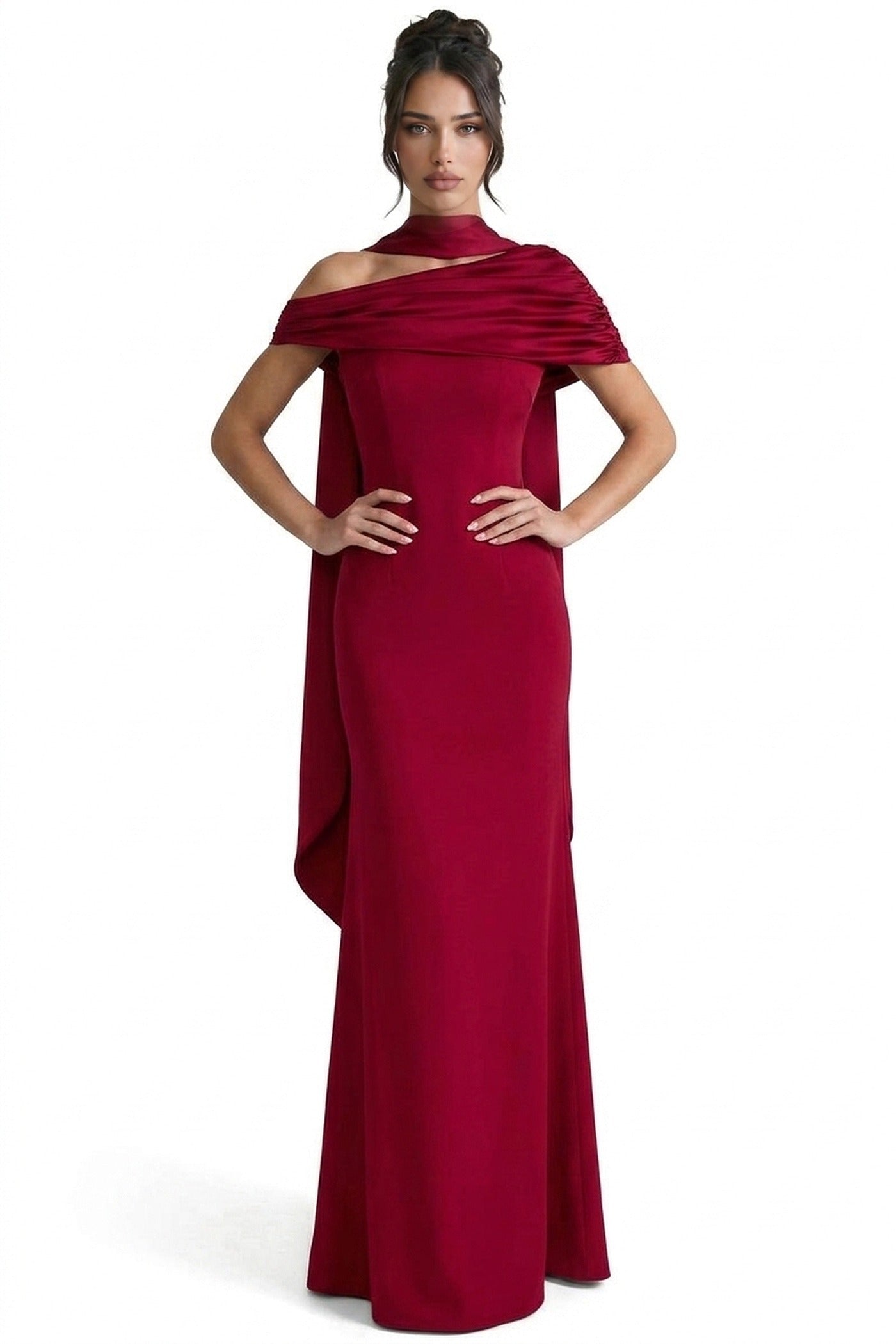Ambrine Satin Column Gown With Draped Shoulder Wrap And High Neck - Red