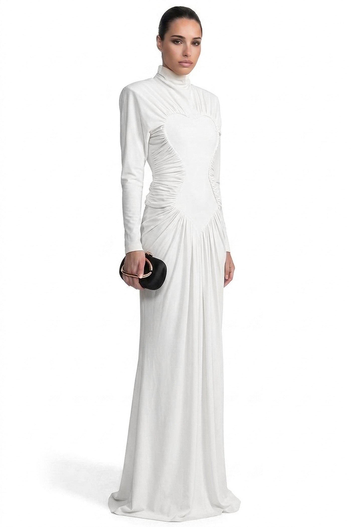 Reinette High-Neck Long-Sleeve Gown With Heart-Shaped Cutout Panel - White