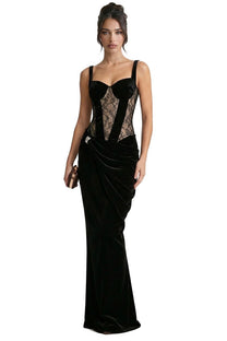 Aria Velvet Mermaid Gown With Lace Corset Bodice And Side Cutout - Black